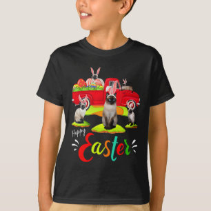 Cute Bunny Siamese Cats Riding Red Truck Happy Eas T-Shirt