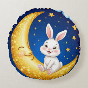 Cute Bunny Sitting on a Golden Crescent Moon Round Pillow