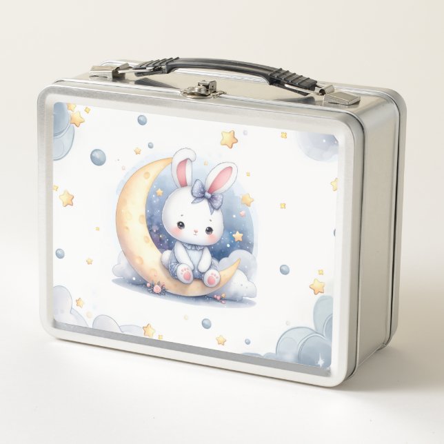 cute bunny sitting on the moon  metal lunch box (Front)