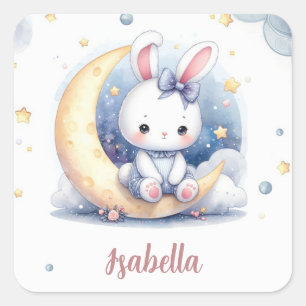 cute bunny sitting on the moon square sticker