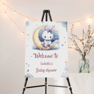 cute bunny sitting on the moon welcome sign