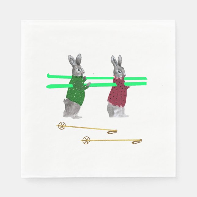 Cute Bunny Ski Illustration Napkins (Front)