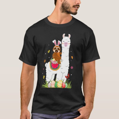 Cute Bunny Sloth Riding Llama Eggs Basket Happy Ea T_Shirt