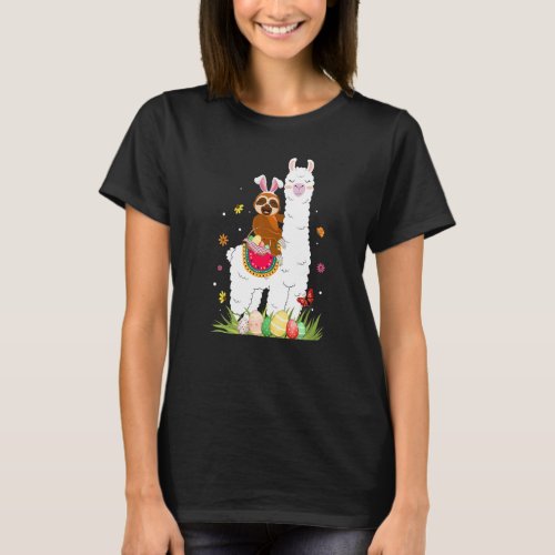 Cute Bunny Sloth Riding Llama Eggs Basket Happy Ea T_Shirt