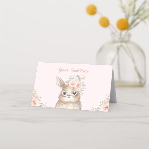 Cute Bunny Soft Blush Gold Watercolor Floral Place Card