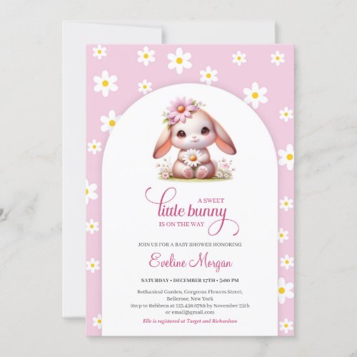 Cute bunny soft pastel pink white daisies spring invitation