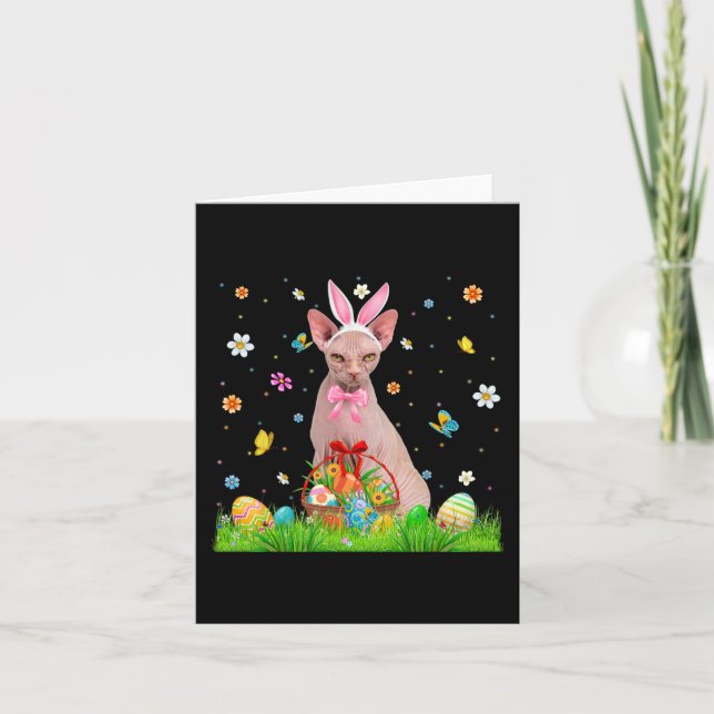 Cute Bunny Sphynx Cat And Easter Egg Basket Easter Card (Front)