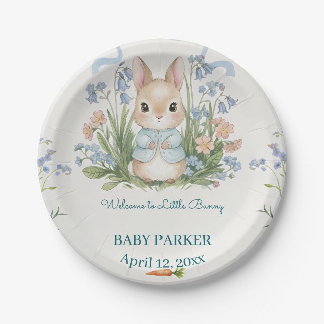 Cute Bunny Spring Floral Baby Shower Personalized Paper Plates (Front)