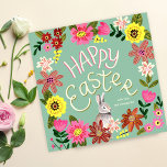 Cute Bunny & Spring Flowers Happy Easter Greeting Holiday Card<br><div class="desc">Celebrate the joy of spring with this charming Happy Easter greeting card featuring a sweet bunny surrounded by a vibrant garden of colorful flowers. The playful hand-painted style and cheerful palette of pinks, reds, yellows, and greens create a warm and whimsical design that perfectly captures the spirit of the Easter...</div>