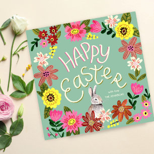 Cute Bunny & Spring Flowers Happy Easter Greeting Holiday Card