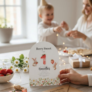 Cute Bunny Strawberry Theme First Birthday  Invitation