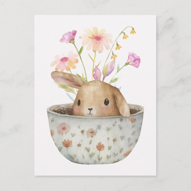 cute bunny tea cup with flowers postcard (Front)