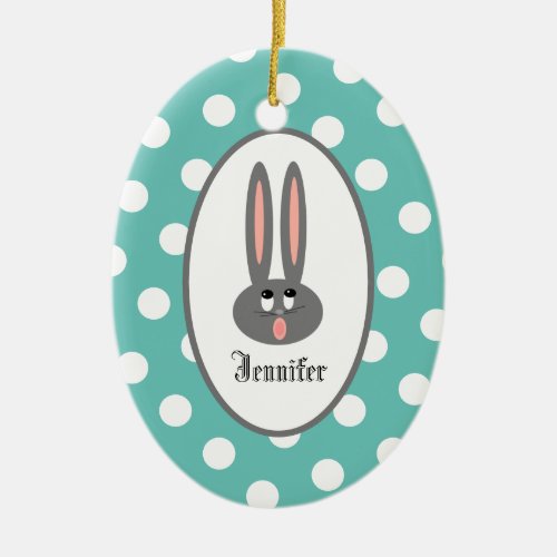Cute Bunny Teal Polka Dots Personalized  Ceramic Ornament