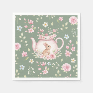 Cute Bunny Teapot Pink Floral Sage Green Spring Napkins