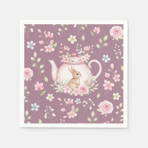 Cute Bunny Teapot Pink Floral Spring Napkins