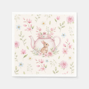 Cute Bunny Teapot Pink Floral Spring Napkins