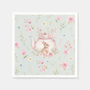 Cute Bunny Teapot Pink Floral Spring Napkins