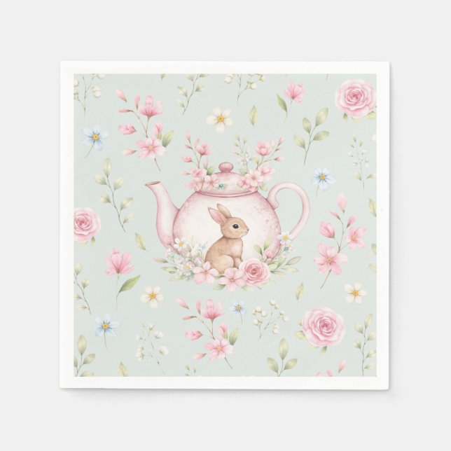 Cute Bunny Teapot Pink Floral Spring Napkins (Front)