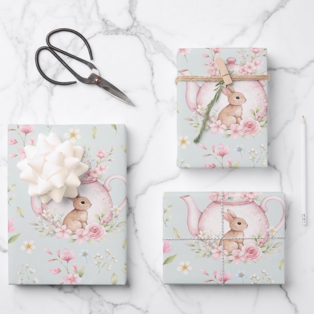 Cute Bunny Teapot Pink Floral  Wrapping Paper Sheets (Front)