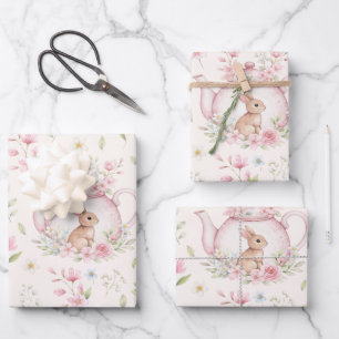 Cute Bunny Teapot Pink Floral  Wrapping Paper Sheets