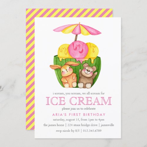 Cute Bunny Teddy Bear Ice Cream 1st Birthday Party Invitation