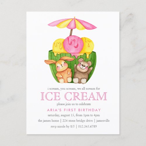 Cute Bunny Teddy Bear Ice Cream 1st Birthday Party Invitation Postcard