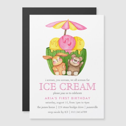 Cute Bunny Teddy Bear Ice Cream 1st Birthday Party Magnetic Invitation