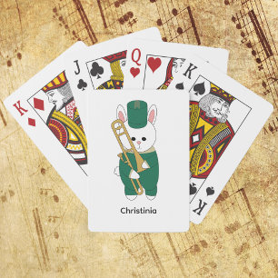 Cute Bunny Trombone Player Green Band Personalize Poker Cards