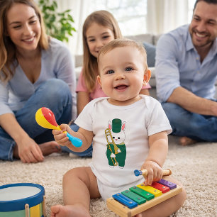 Cute Bunny Trombone Player Green Marching Band Baby Bodysuit