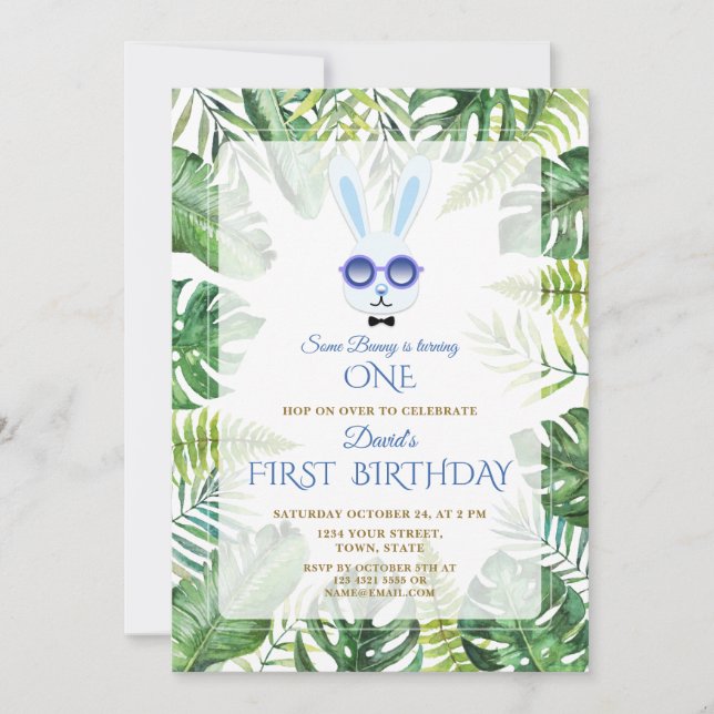 Cute Bunny Tropical Greenery Boy 1st Birthday Invitation (Front)
