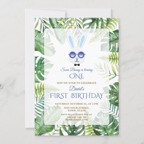 Cute Bunny Tropical Greenery Boy 1st Birthday Invitation