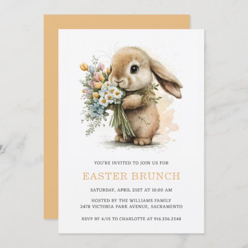 Cute Bunny Tulip Flowers Watercolor Easter Brunch Invitation