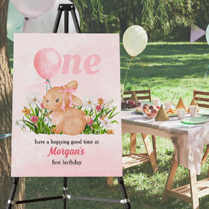 Cute Bunny Turns One Pink Girls 1st Birthday Foam Board