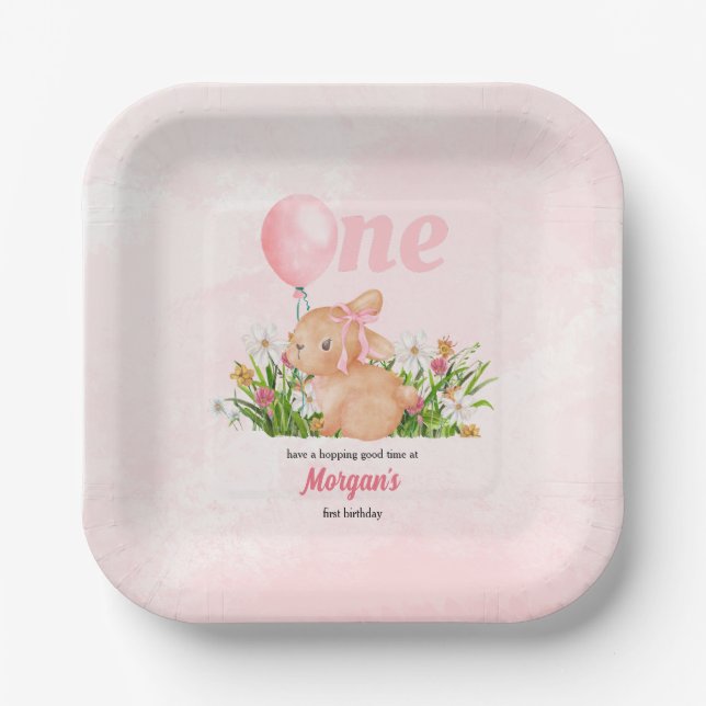 Cute Bunny Turns One Pink Girls 1st Birthday  Paper Plates (Front)