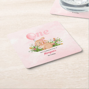 Cute Bunny Turns One Pink Girls 1st Birthday Square Paper Coaster