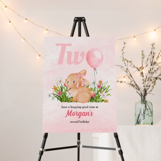Cute Bunny Turns Two Pink Girls 2nd Birthday  Foam Board (In Situ (Stand))
