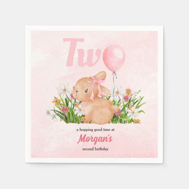 Cute Bunny Turns Two Pink Girls 2nd Birthday  Napkins (Front)