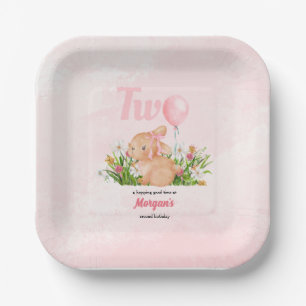 Cute Bunny Turns Two Pink Girls 2nd Birthday Paper Plates