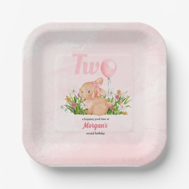 Cute Bunny Turns Two Pink Girls 2nd Birthday  Paper Plates (Front)