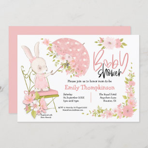 Cute Bunny Umbrella Flowers Girl Baby Shower Invitation