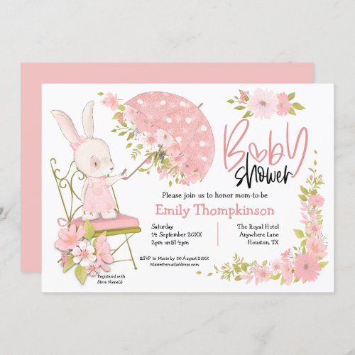 Cute Bunny Umbrella Flowers Girl Baby Shower Invitation