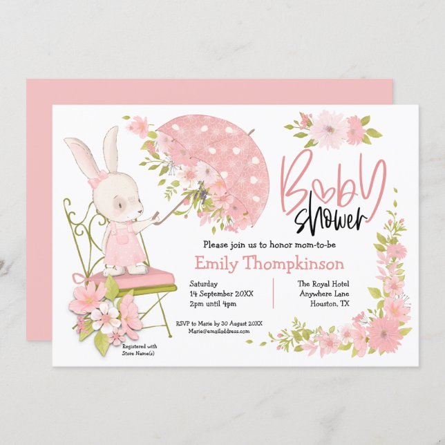 Cute Bunny Umbrella Flowers Girl Baby Shower Invitation (Front/Back)