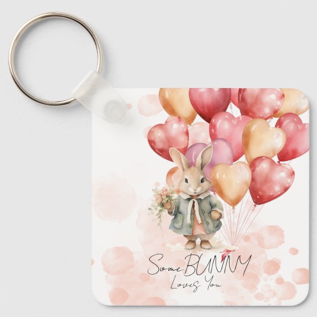 Cute Bunny Valentines Day Red Heart Balloons Keychain (Front)