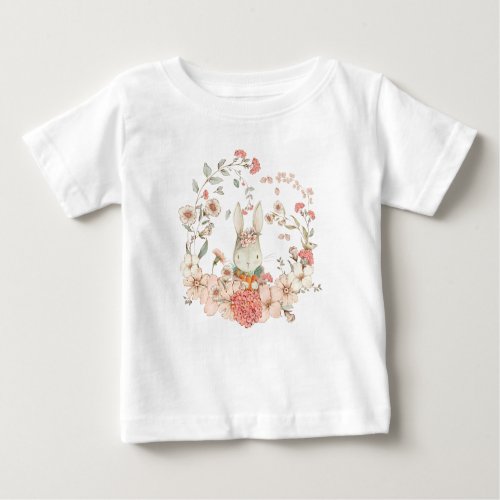 Cute Bunny Vintage Florals Blush Coral Foliage Baby T_Shirt