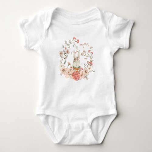 Cute Bunny Vintage Florals Coral Pink Foliage Girl Baby Bodysuit