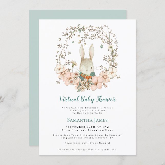 Cute Bunny Vintage Foliage Virtual Baby Shower Invitation (Front/Back)