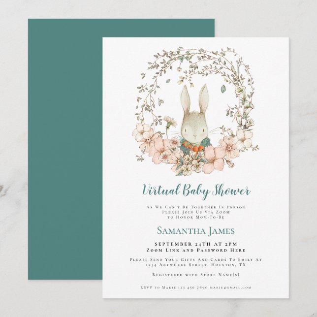 Cute Bunny Vintage Turquoise Virtual Baby Shower Invitation (Front/Back)