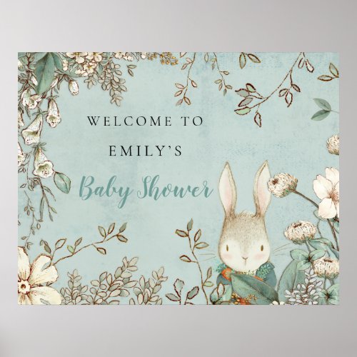 Cute Bunny Vintage Welcome Baby Shower Powder Blue Poster