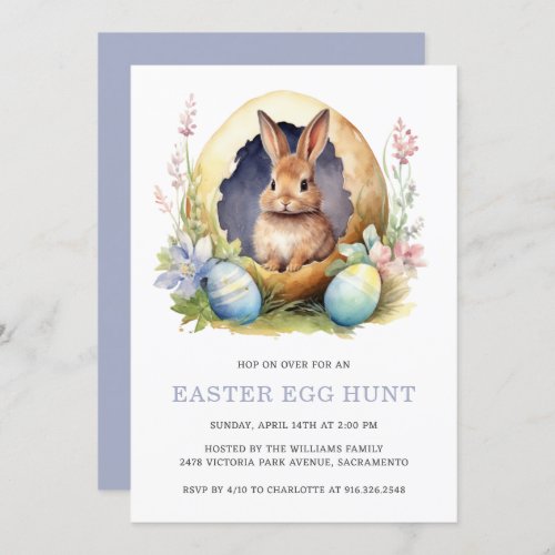 Cute Bunny Watercolor Easter Egg Hunt Invitation
