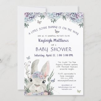Cute Bunny Watercolor Floral Purple Baby Shower Invitation